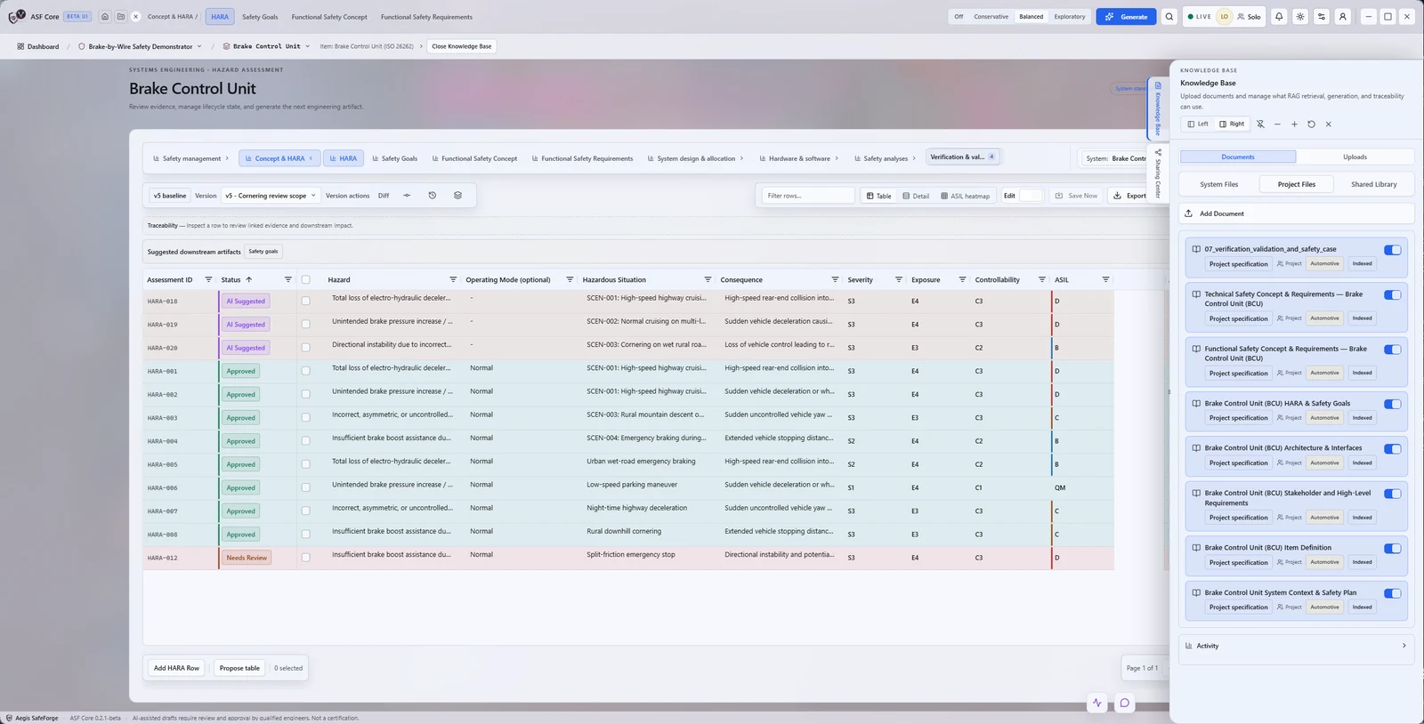 Project knowledge base: Standards, specifications and project documents that ground AI suggestions, selectable per workspace.